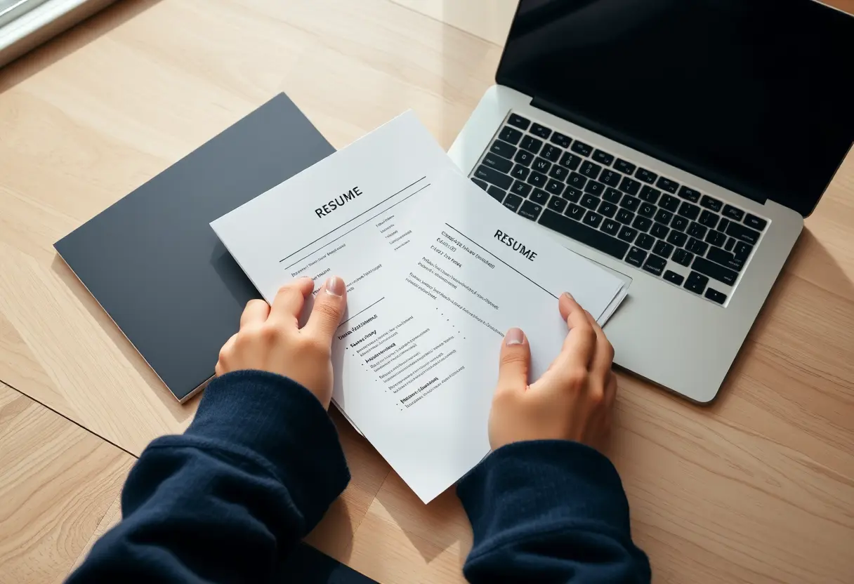 Resume pages being reviewed at a desk